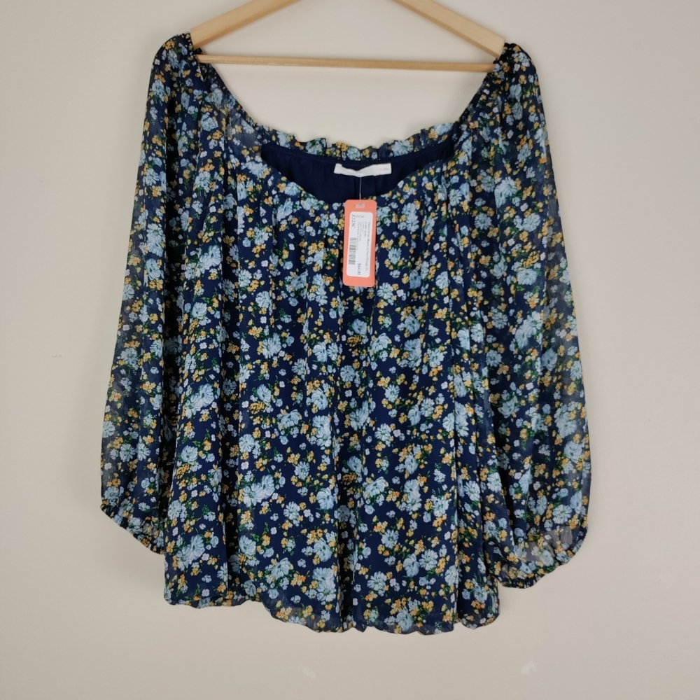 LUSH Multicolor Square Neck Balloon Sleeve Pullover Blouse Top Size 1X NWT